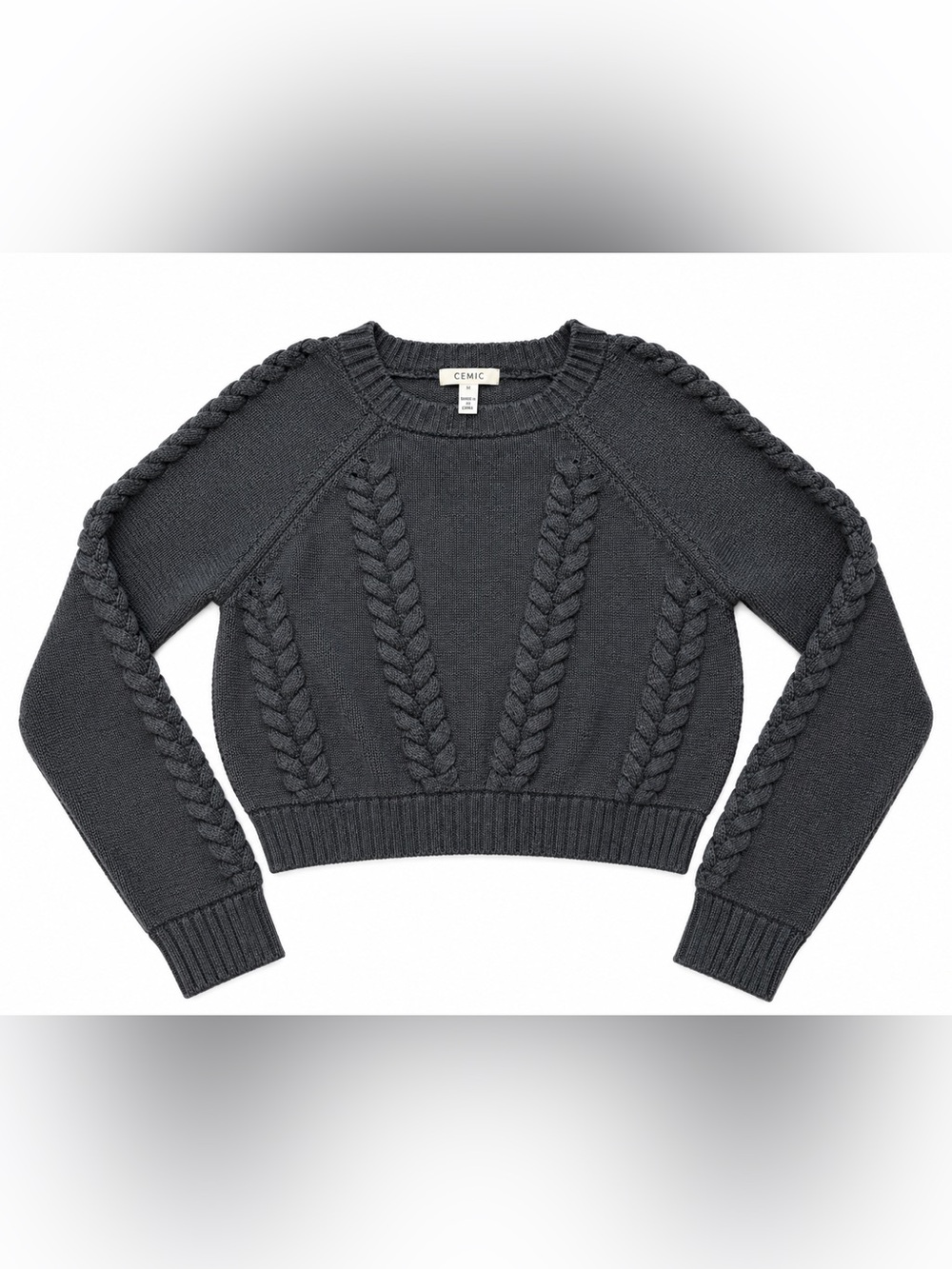 CÉMIC Women’s Small Charcoal Gray Cable Knit Cropped Sweater Crewneck